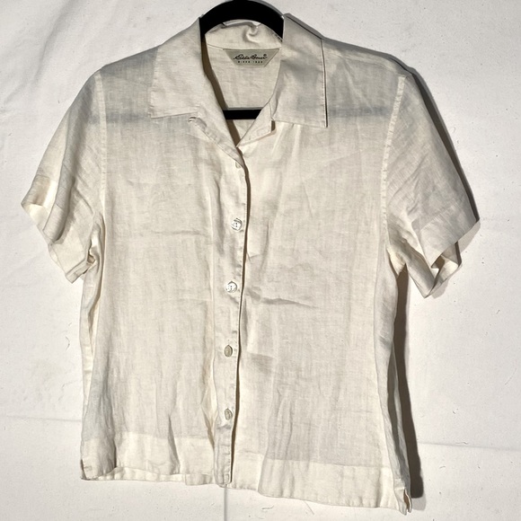 Eddie Bauer Tops - Eddie Bauer Ecru Linen Button Up Short Sleeve Top S